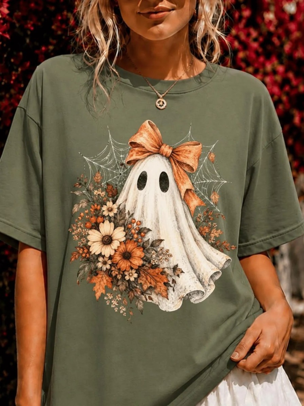 Comfort Colors Moss Green Ghost & Autumn Floral Short Sleeve Tee